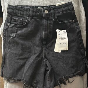 Zara Black Distressed High-Rise Denim Shorts